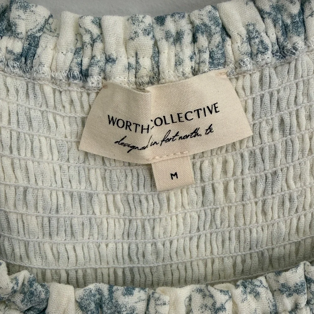 Worth Collective Cream and Blue Floral Smocked Midi Dress - Picture 4 of 5